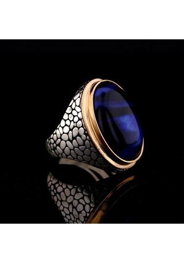 925 Ayar Gümüş Mavi Kaplan Gözü Taşlı Duvar Desenli Erkek Yüzük Çok Renkli