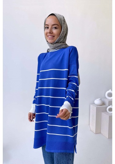 Bisiklet Yaka Çizgili Merserize Tunik - İndigo