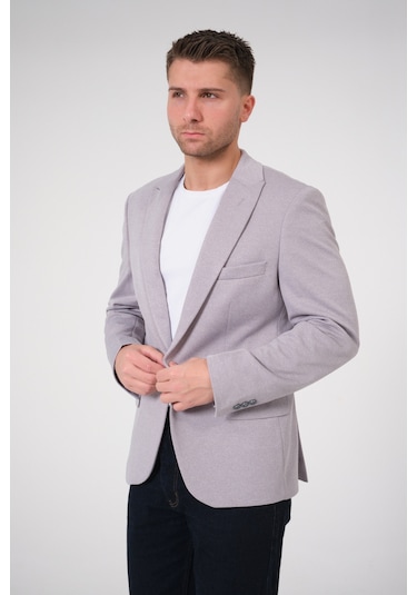 Bonesti Erkek Slim Fit Blazer Ceket Gri Gri Beyaz Noktalı