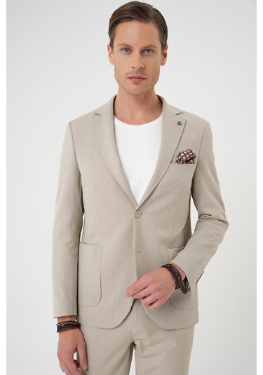 Comfort Fit Torba Cep Dokulu Esnek Pamuk Casual Bej Ceket C 676 Bej