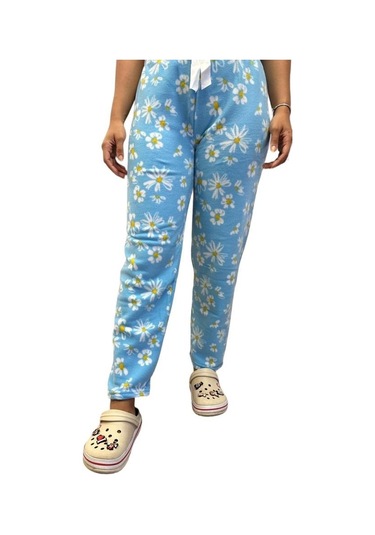 Kadın Desenli Yumuşak Polar Kışlık Pijama Eşofman Tek Alt Mavi