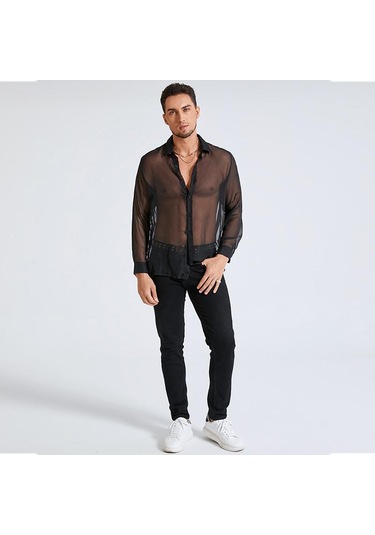 İncerun Erkek File Transparan Uzun Kollu Transparan Parti Gömlekleri Siyah