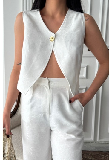 Sensuelle Keten Tek Düğme Yelek-pantolon Takım - Beyaz Beyaz