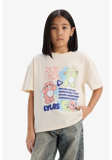 DeFacto Kız Çocuk Oversize Geniş Kalıp Bisiklet Yaka Kısa Kollu Tişört E0386A825SMER134 Ekru