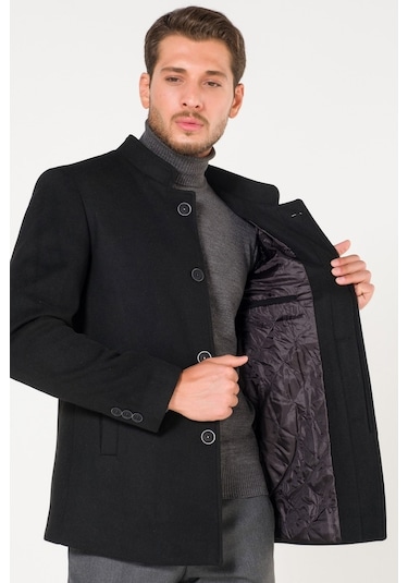 Erkek Slim Fit Hakim Yaka Siyah Kısa Kaşe Kaban-Siyah