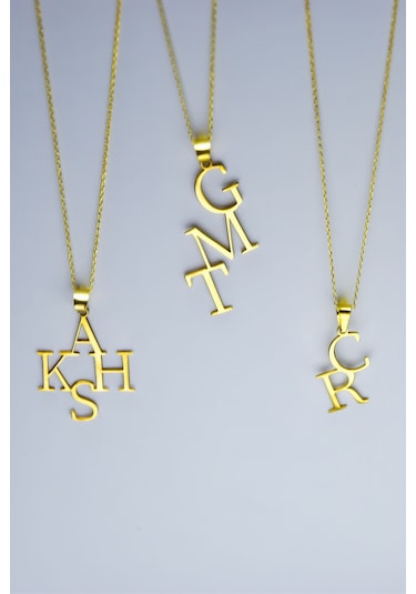 925 Ayar Gümüş Gold Kaplama Çoklu, Dört Harf Plaka Kolye