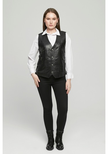 Hakiki Deri Yandan Ayarlanabilir Bağcıklı Yelek Siyah Renk Siyah