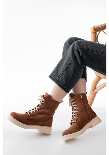 02-356 Taba Süet Düz Topuklu Bağcıklı Fermuarlı Günlük Kadın Bot Beyaz