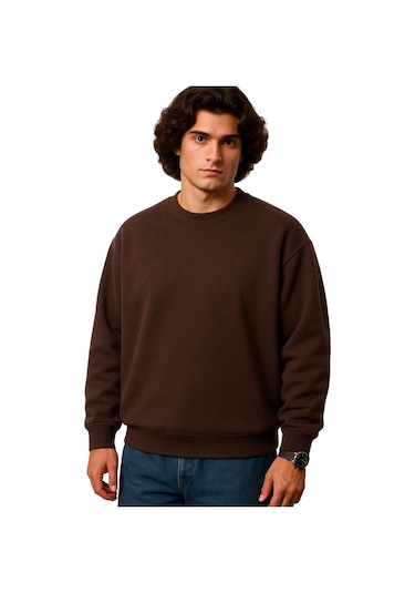 Erkek Büyük Beden 122 Kilo-158 Kilo Arası İçin Uygun Geniş Kalıp Bisiklet Yaka Pamuklu Selanik Kazak Kahve