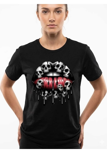 Kadın Kuru Kafa Dudak Baskılı Pamuklu T-shirt Siyah