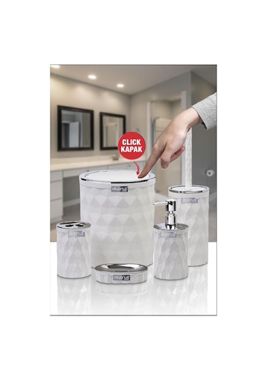 Okyanus Home Diamond Beyaz Kromlu Click Kapak 5'li Banyo Seti Beyaz