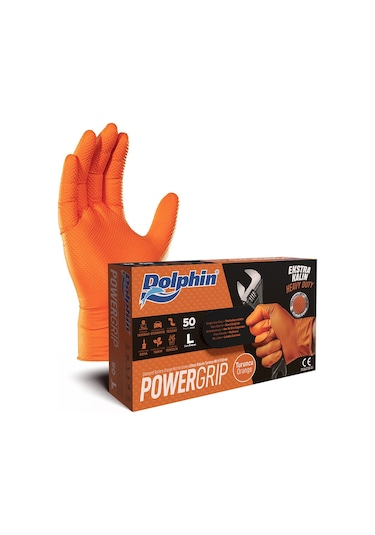 Dolphin Powergrip Ekstra Kalın Turuncu Nitril Eldiven 50 Adet/kutu