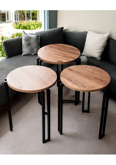 3 Lü Zigon Sehpa Metal Ayaklı Çam Ahşap Yuvarlak Misafir Sehpası