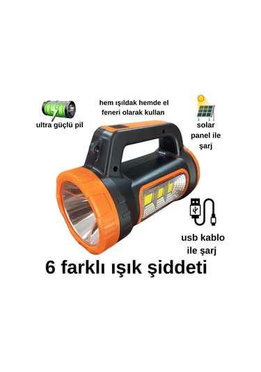 3w 15w Solar Şarjlı Led El Feneri Işıldak Projektör Kamp Avcı Feneri Çok Renkli