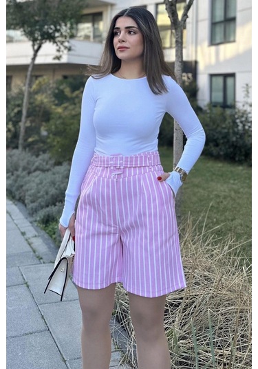 WeShaya Kadın Pembe Kemerli, Yüksek Bel, Pliseli, Rahat Kesim, Gabardin Şort Pembe
