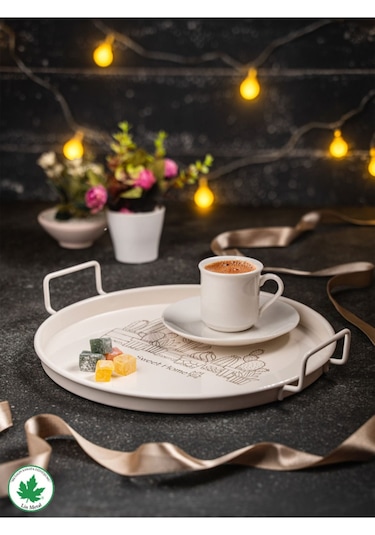 Lin Metal 24cm Yuvarlak Tel Kulplu Tepsi Kaktüs Baskılı - Krem