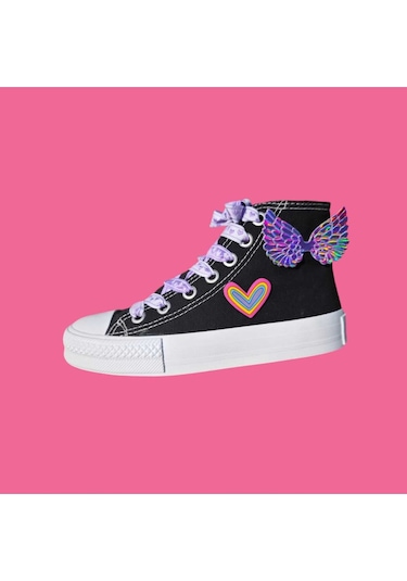 Kanatlı Kalpli Tasarım Tasarım Mor Kalp Bağcıklı Sneaker Kız Çocuk Spor Ayakkabı Siyah