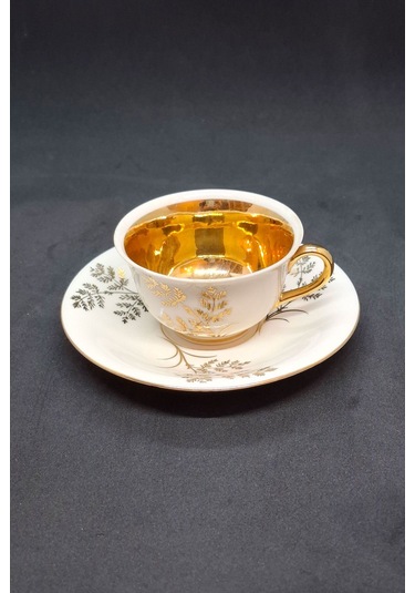 Kerafina Porzellan Türk Kahve Boyu Vintage Kahve Fincanı 2 Parça 90 Ml Sarı - Altın