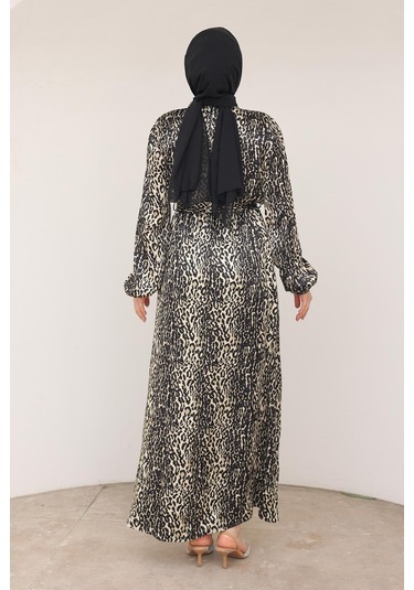 Armine Trend Leopar Desenli Beli Kemerli Elbise Siyah 24kt904 Siyah