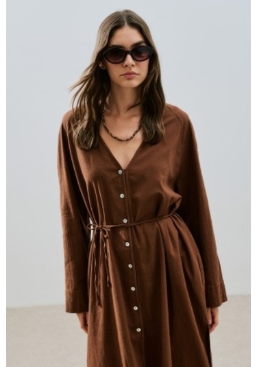 Dokulu Düğmeli Uzun Tunik Kahverengi Kahverengi