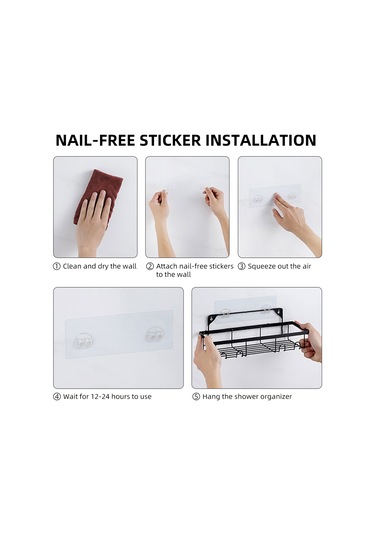 Moveevo Demir Bathroom Organizer Seti - 2 Duş Sepeti + 1 Sabunluk, Delme Yok, Su Geçirmez, 6 Kanca, Banyo/ Mutfak/ Oturma Odası Gereçleri Saklama Siyah