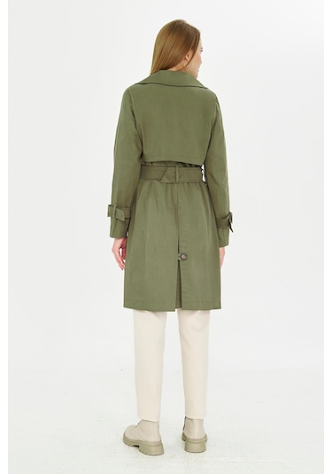 Pastelastore Esnek Pamuk Gabardin Midi 95cm Astarsız Kadın Trençkot 1118 Haki Yeşil