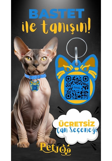 Petjoo 1.Bastet Sarı-Mavi Qr'lı Kedi Künyesi