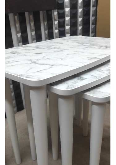 4 Lü Mdf Lam Ahşap Zigon Sehpa Beyaz Mermer