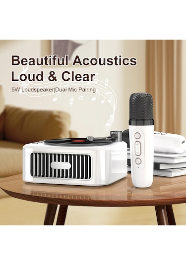 Vkemall Beyaz Cd Stili Taşınabilir Hoparlör, 2 Mikrofonlu, Bt 5.3, Sd Kart/aux/usb Desteği, 800mah Pil İle Karaoke İçin