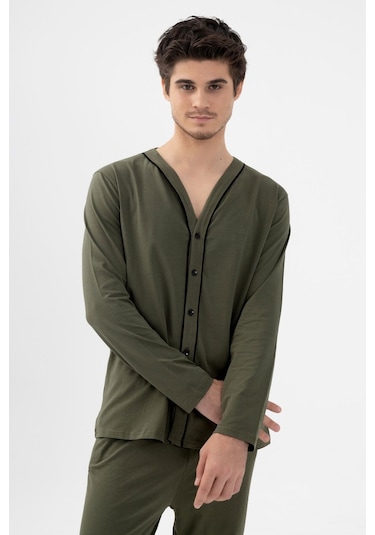 Erkek Pamuklu, Likralı, Düğmeli Ve Cep Detaylı Pijama Takımı Ko6301pj Haki - Siyah