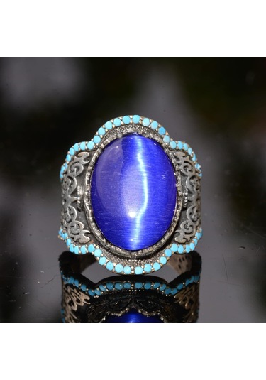 El Yapımı Mavi Kedi Gözü Yüzük Turkuaz Yapay Taş İle - 925 Ayar Gümüş Erkek Takısı Gümüş