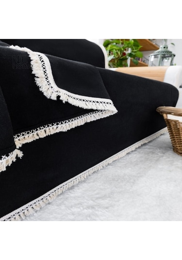 Dnc Home Tekstil Ndchome Premium Keten Siyah Ponponlu Koltuk Örtüsü 170 X 220