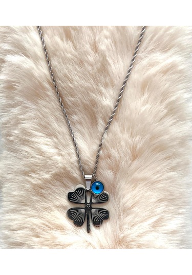 Gns Aksesuar 4 Yapraklı Yonca Nazarlık Detaylı Burgu Halat Zincir Kolye Gümüş