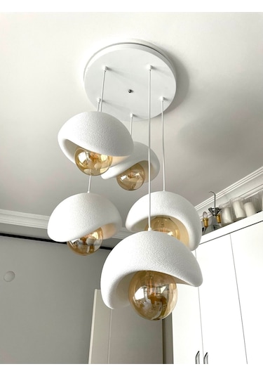 Modern 5'li Avize Beton Dokulu - Salon Ve Oturma Odası İçin Şık Tasarım Rustik Ampul Hediyeli Beyaz