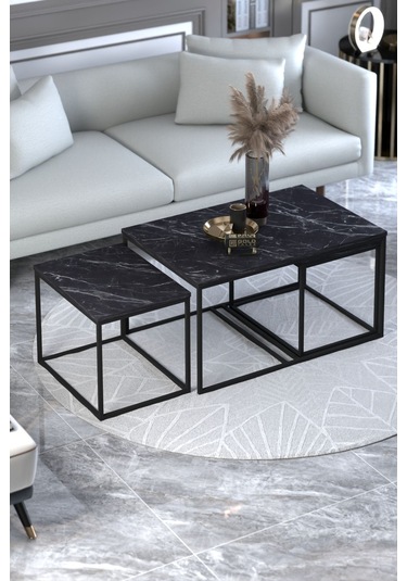 Orta Sehpa Ve Zigon Yan Sehpa Flora Set Bendir Siyah