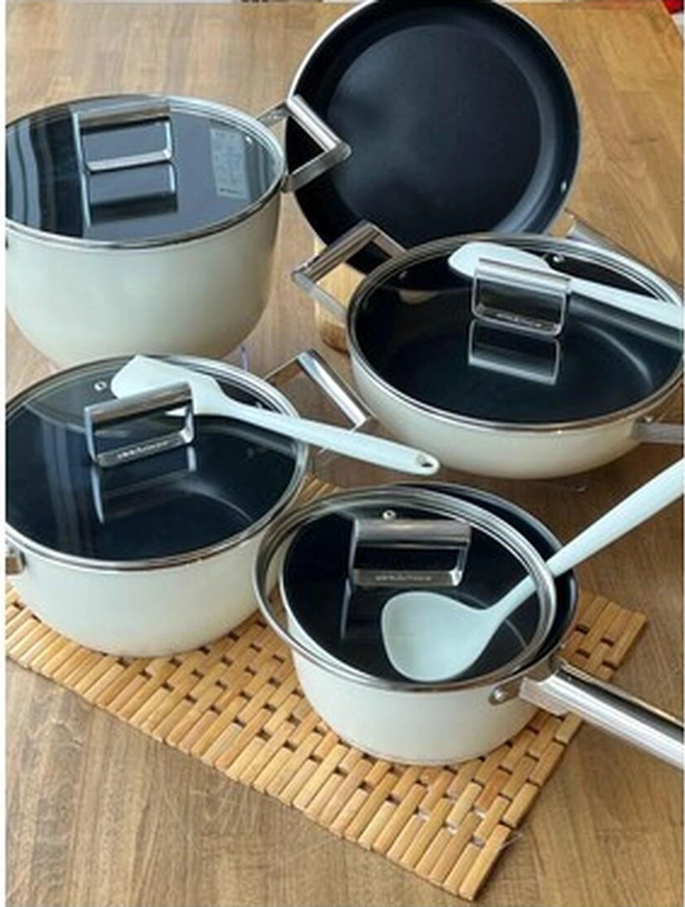 Rossev Gourmet Döküm Tencere Seti Krem 9 Parça Bakır - Siyah