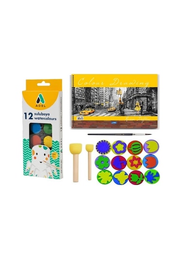 sulu boya baskı seti ponpon fırçalı 25x35 resim defteri