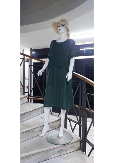 İtalyan Müslin Keteni Üstü File Bluzlu Astarlı Tek Parça Elbise Zümrüt Yeşili