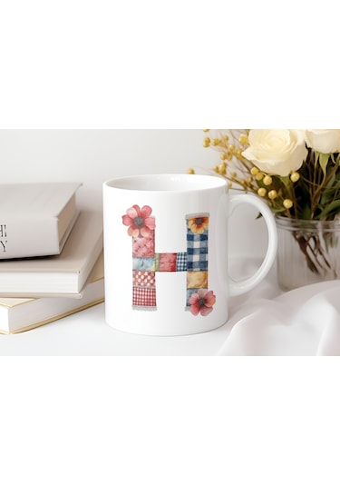H Harfli Retro Çiçekli Kupa Bardak - Patchwork Tarz Yamalı Desenli İsme Özel Kupa - Hediye Beyaz