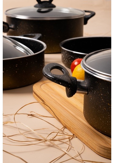 Çarşıdayız 7 Parça Eda Granit Siyah Siyah Tencere Seti Siyah