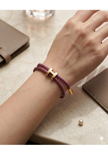 Unisex H Model Gold Renk Çelik Detay Eflatun İp Bileklik Mor