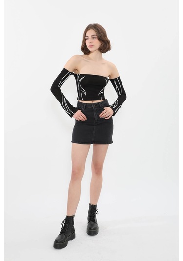 Kadın Likralı Antrasit Mini Jean Etek Antrasit