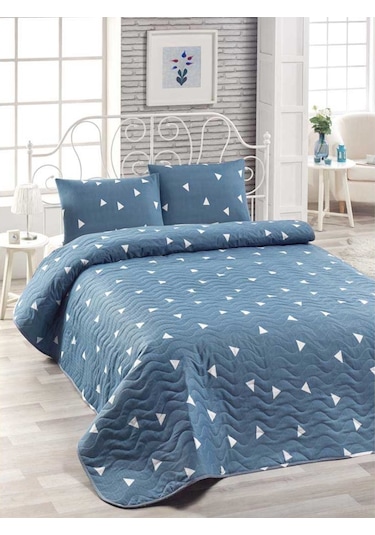 Eponj Home Kapitone Yatak Örtüsü Seti Çift Kişilik Üçgen K.Bulutmavi Mavi