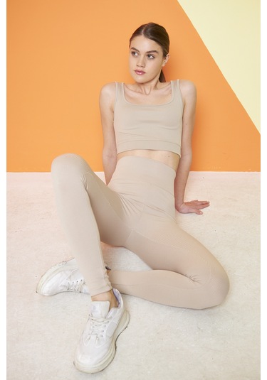 Haki Yüksek Bel Fitilli Toparlayıcı İnterlok Örme Şardonlu Spor Kışlık Tayt Bej