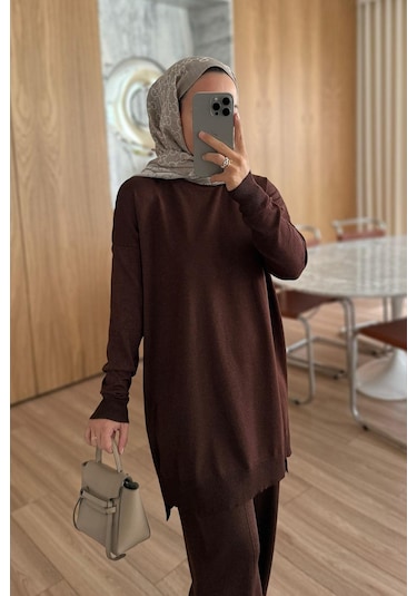 Ka Hijab Işıltılı Merserize Takım - Kahverengi