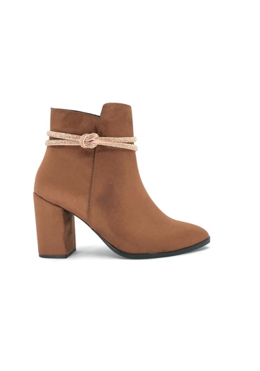 Feles Bilek Düğüm Taş Dekolteli Klasik Kadın Bot Taba