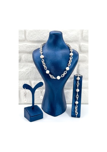 Özel Tasarım İncili 3'lü Kadın Gümüş Set - Kolye Seti Gümüş