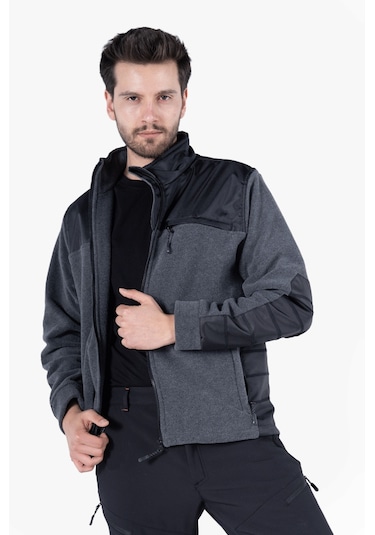 Omuz Ve Dirsek Takviyeli Polar Ceket Gri Melanj - Siyah