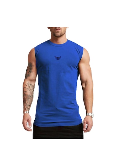 Erkek Nem Emici Hızlı Kuruma Atletik Teknik Performans Sporcu Sıfır Kol T-shirt Mg-atlet Mavi