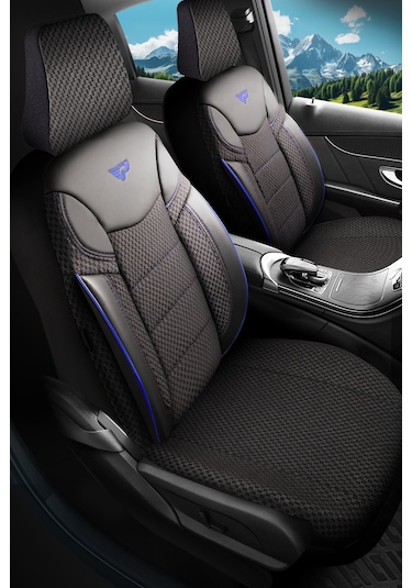 Siyah - Mavi Panda Dragon Serisi Dokuma Kumaş Oto Koltuk Kılıfı - Tam Set